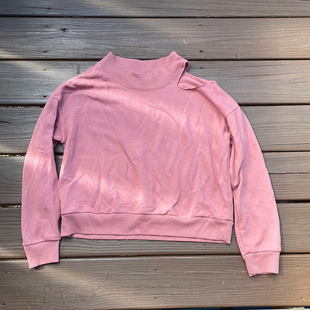 Aerie distressed open shoulder mauve sweatshirt, size medium